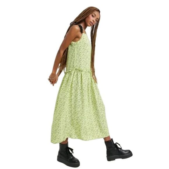 Topshop Dresses & Skirts - Topshop Sleeveless Floral Square Neck Drop Waist Midi Dress Tie Strap Size 8